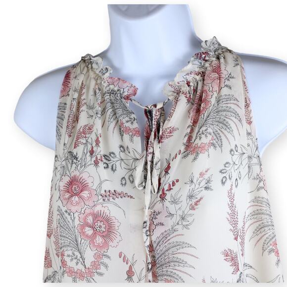 MAX STUDIO Top Sleeveless Floral White Muted Red Ruffle Neck M - Picture 2 of 5